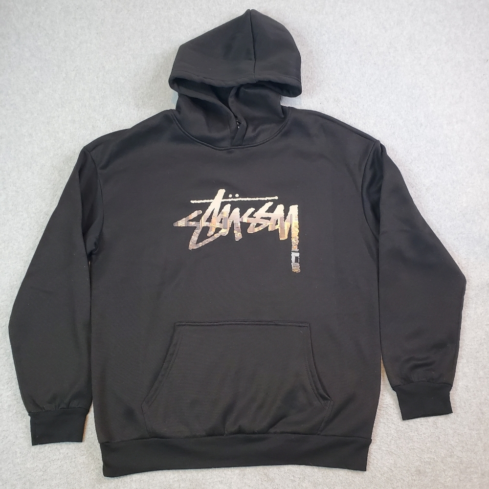 Stussy Hoodie Sweatshirt Men's Size Med Black Long Sleeve Pullover Center Logo